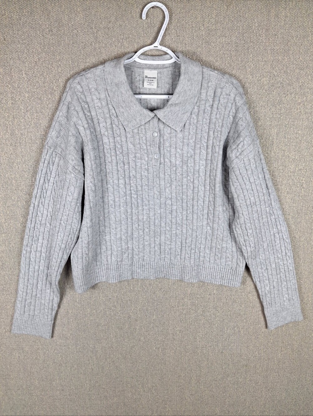 No Boundaries Cable Knit Polo Sweater Size XL Gray Collared Pullover Preppy Cozy